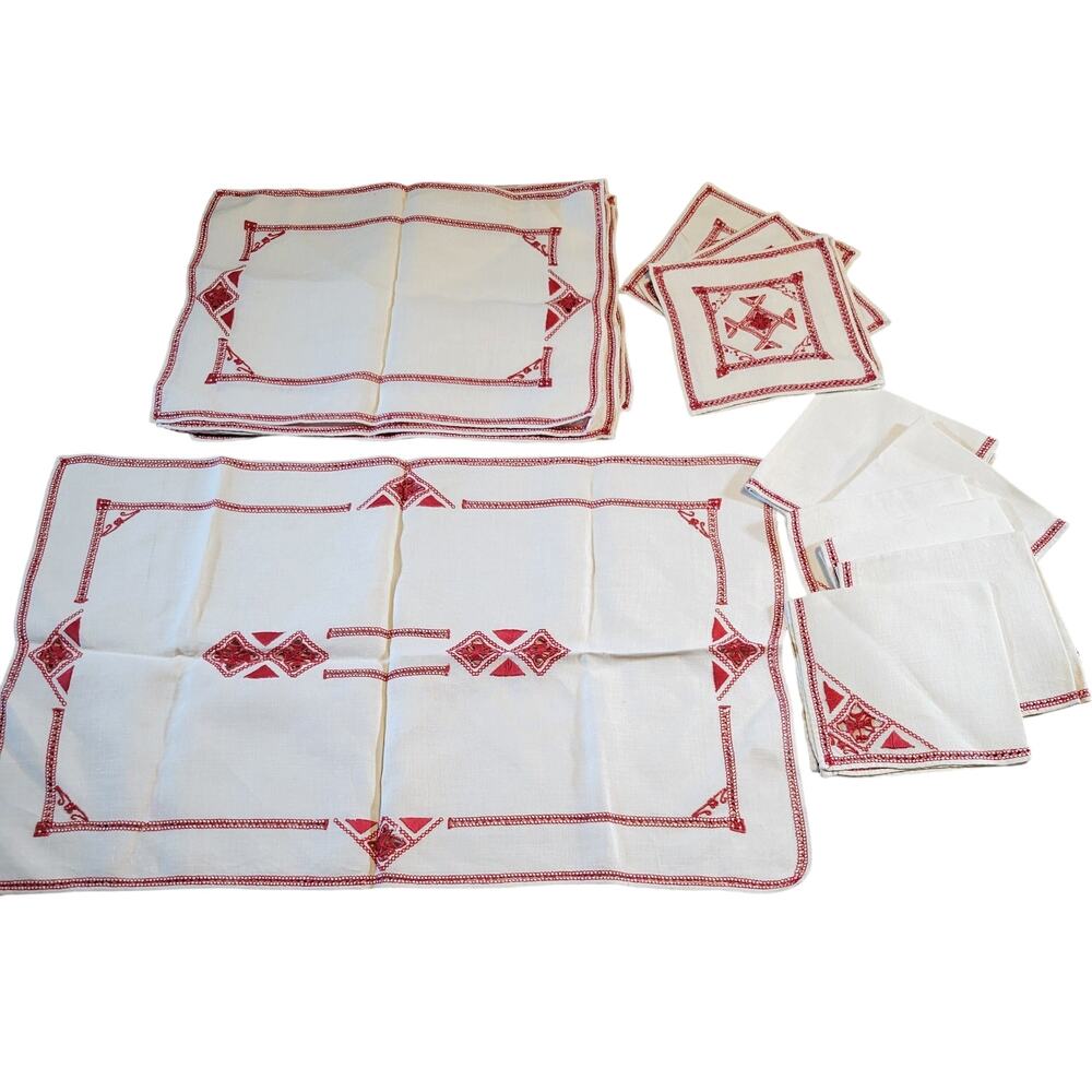 Vintage Red Embroidered Linen Table Runner, Placemats, Napkins & Coasters Set